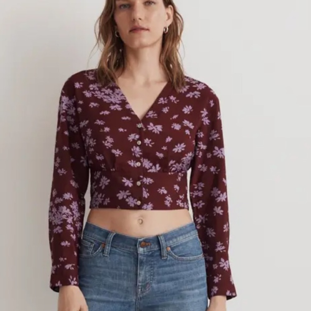 Madewell Burgundy Button-Down Shirt with Lilac Floral Print small